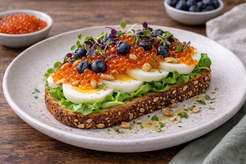 Vollkornbrot mit Ei und Kaviar
