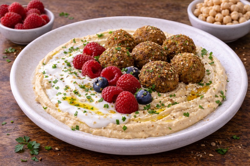 Falafel mit Hummus und Beeren.