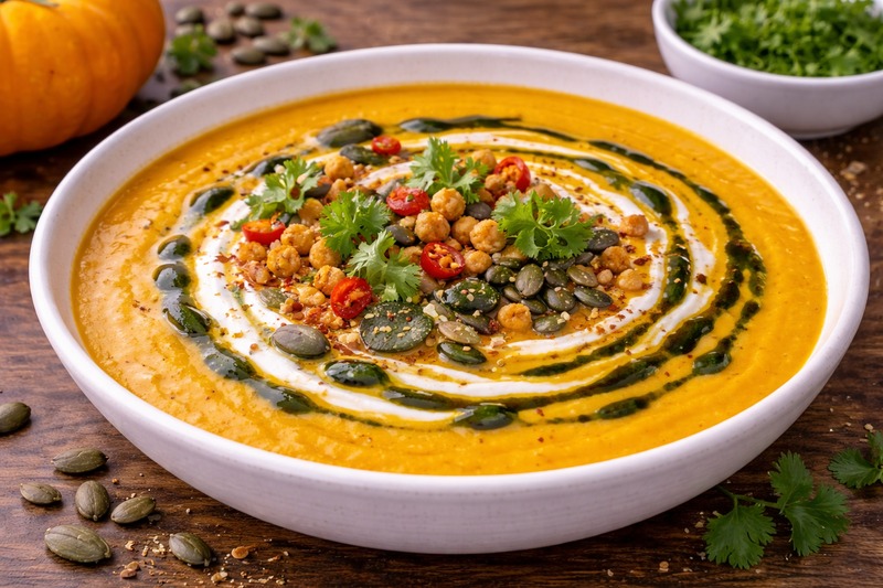 Kürbissuppe mit Kräutern und Toppings