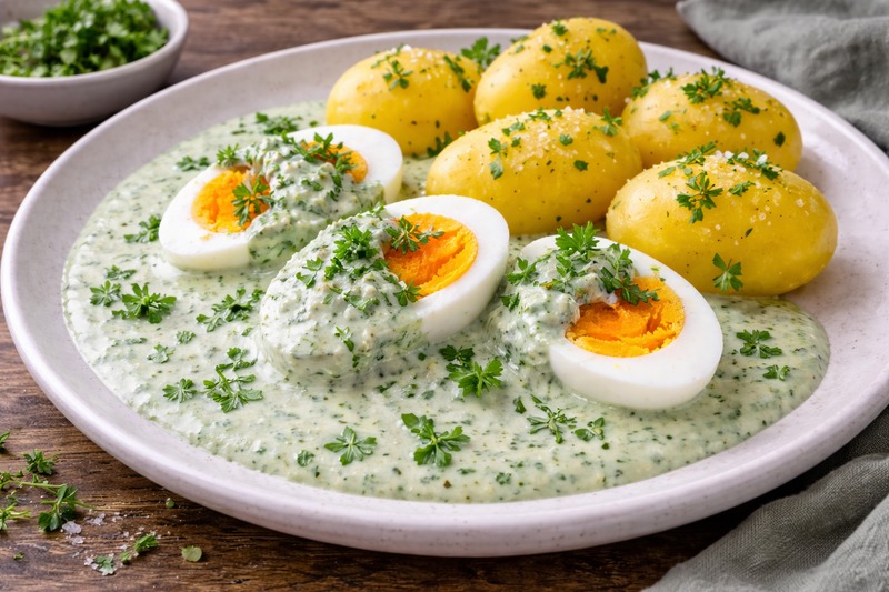 Eier mit grüner Soße und Kartoffeln