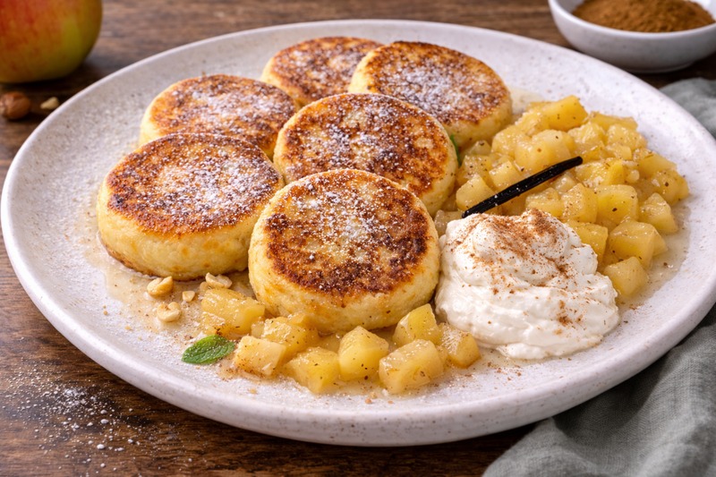 Quarkkeulchen mit Äpfeln und Sahne