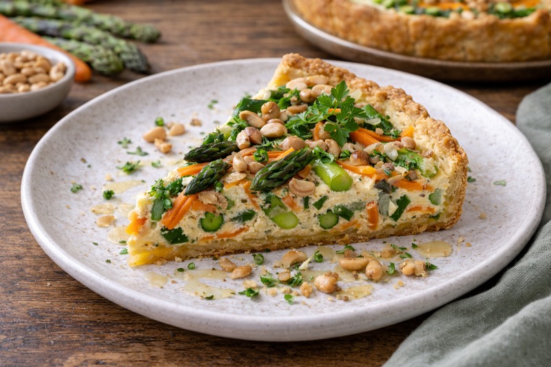 Gemüse-Quiche mit Erdnüssen und Spargel