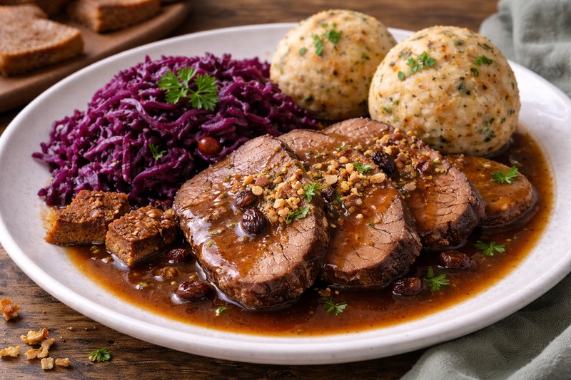 Rindfleisch mit Rotkohl und Knödeln