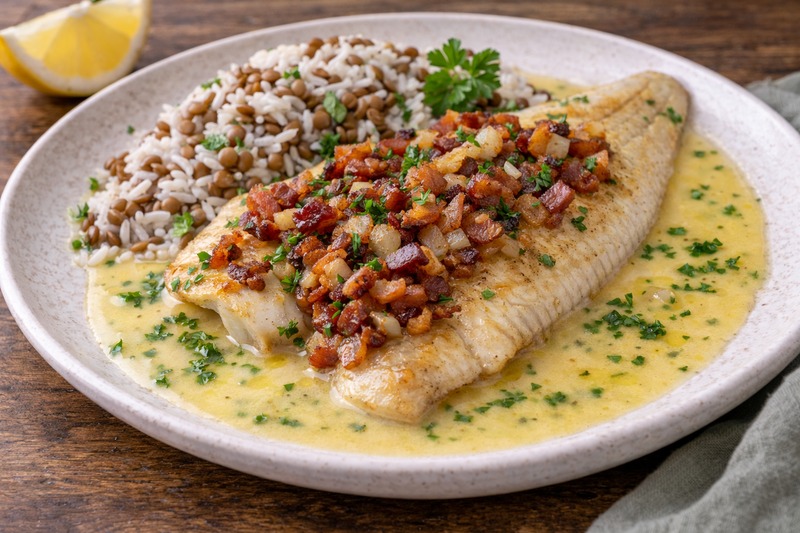 Fischfilet mit Reis und Linsen