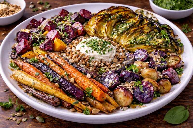 Buntes Gemüsegericht mit Quark.